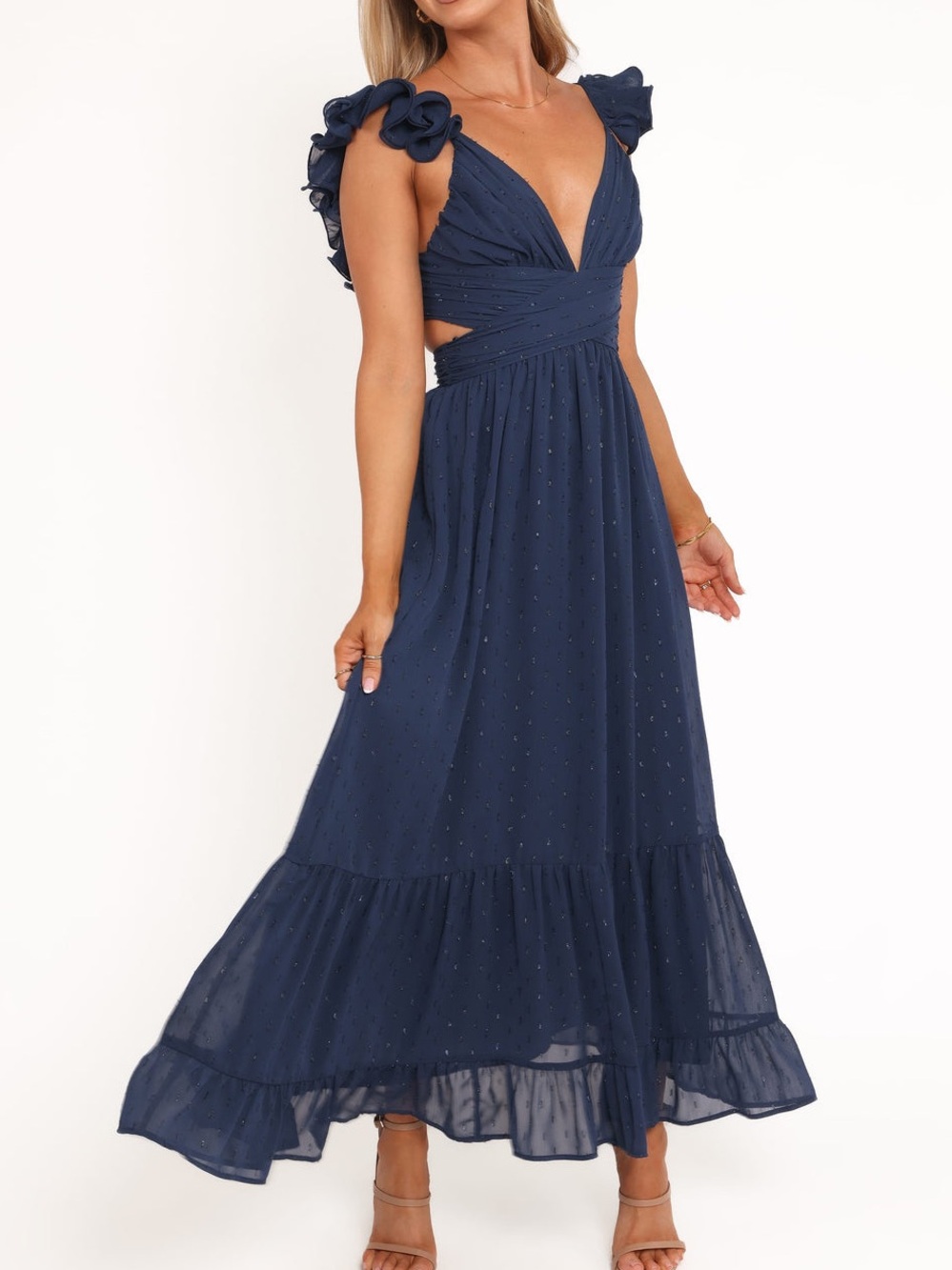 Petal & Pup Harmony Maxi Dress Navy Blue V-Neck Open Corset Back Formal Gown S - Picture 7 of 14